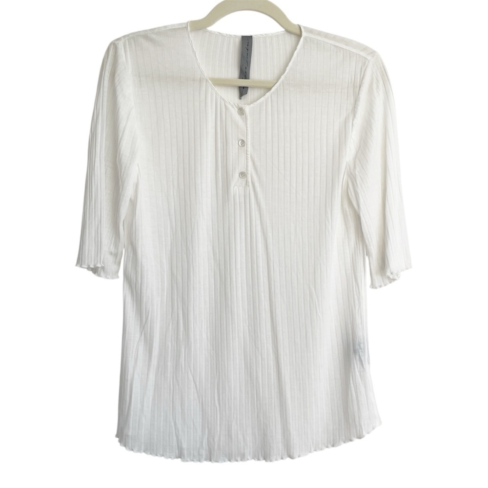 New Raquel Allegra Silk Ribbed Soft Stretchy Henley Blouse Top Basic Office Sz L